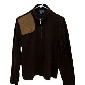 Ralph Lauren Brown Fleece Quarter Zip with Tan Shoulder Patch LARGE